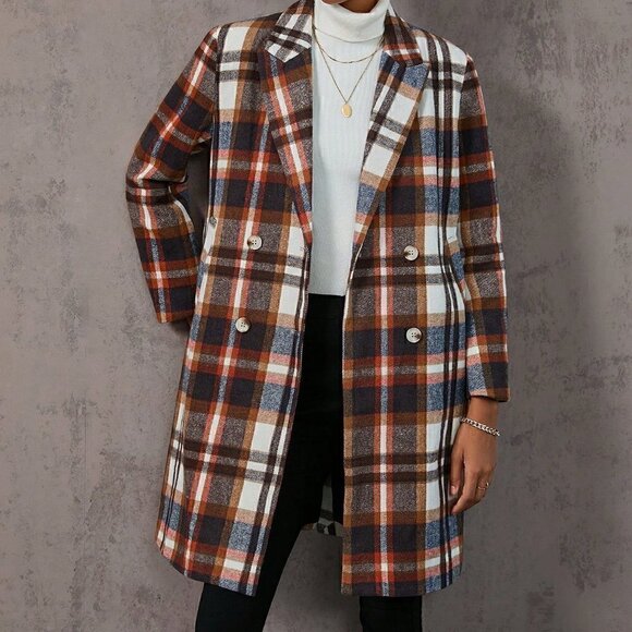 . Jackets & Blazers - Rust Brown Casual Womens Plaid Double Breasted Overcoat